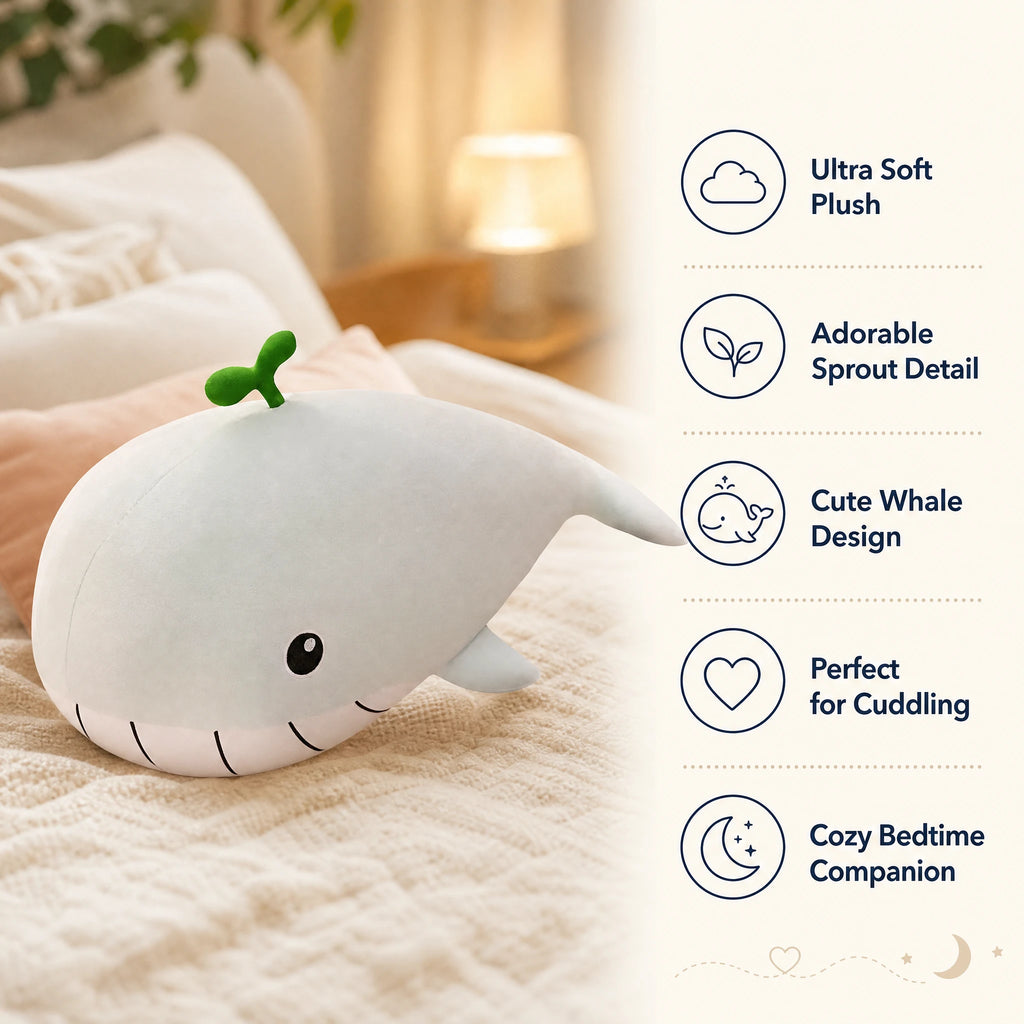 Whale Plush with Green Sprout Accent in Soft Cotton - Bénéfices produit