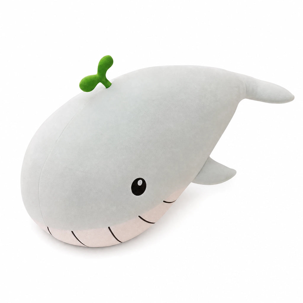 Whale Plush with Green Sprout Accent in Soft Cotton - Fond blanc