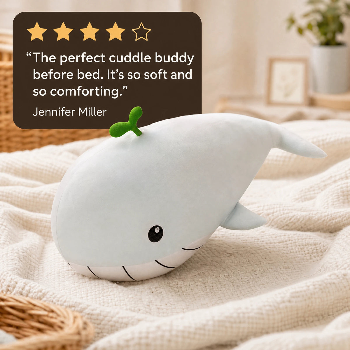 Whale Plush with Green Sprout Accent in Soft Cotton - Image témoignage
