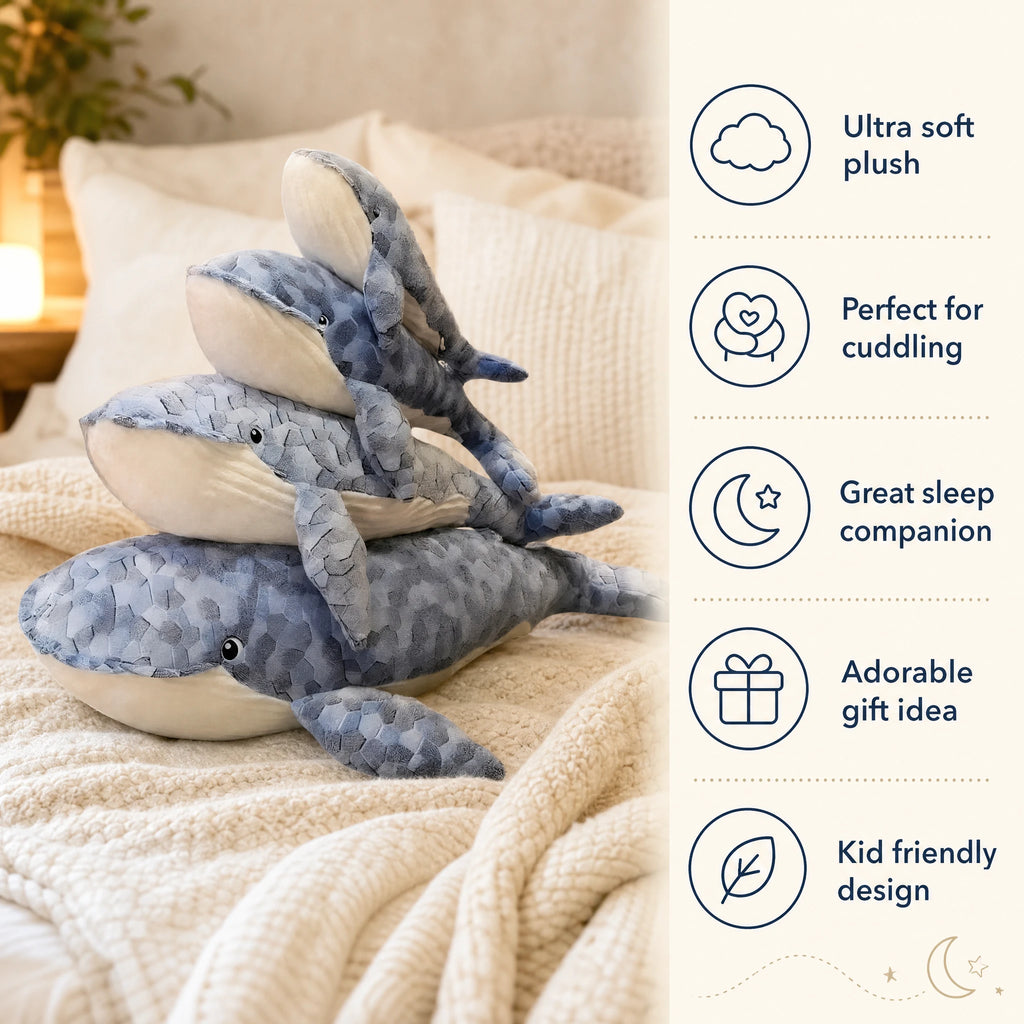 Whale Plush with Mosaic Scale Pattern in Blue Tones - Bénéfices produit