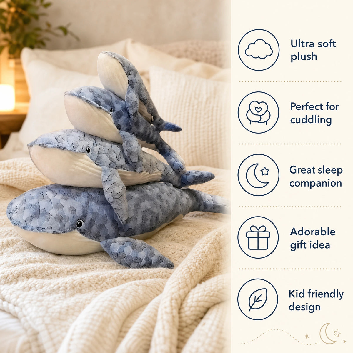 Whale Plush with Mosaic Scale Pattern in Blue Tones - Bénéfices produit