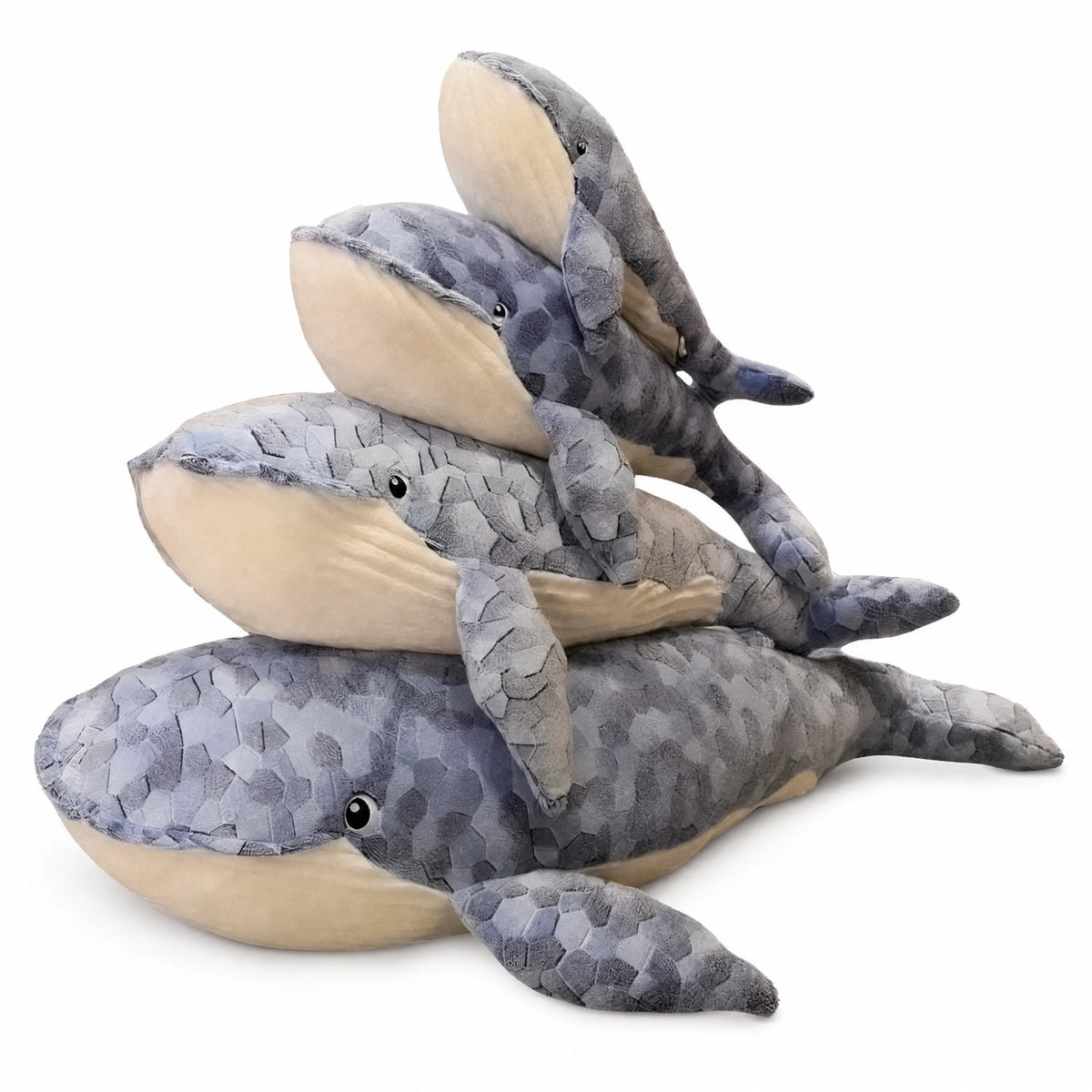 Whale Plush with Mosaic Scale Pattern in Blue Tones - Fond blanc
