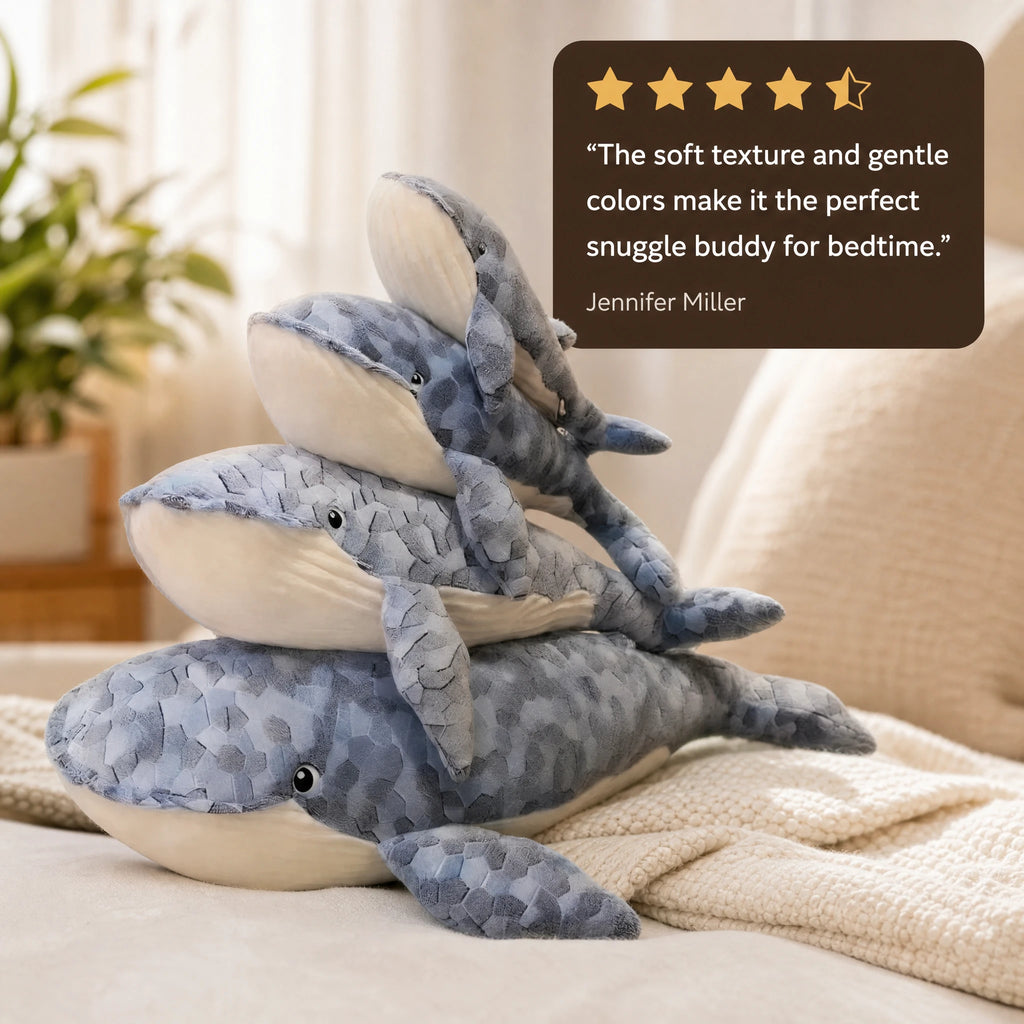 Whale Plush with Mosaic Scale Pattern in Blue Tones - Image témoignage