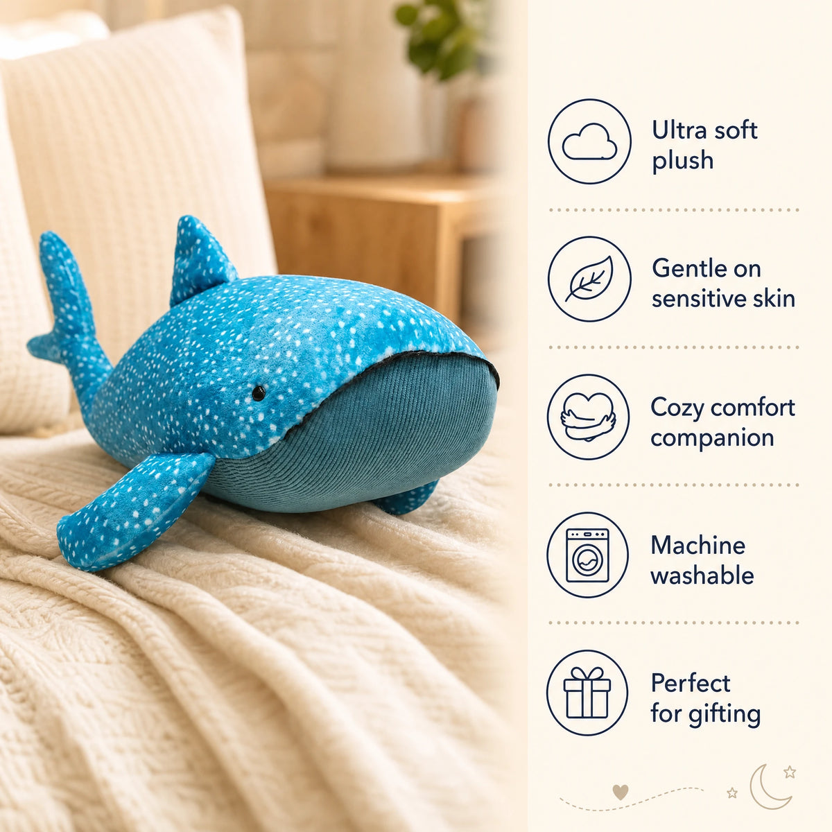 Whale Shark Plush with Spotted Blue Pattern and Soft Fabric - Bénéfices produit
