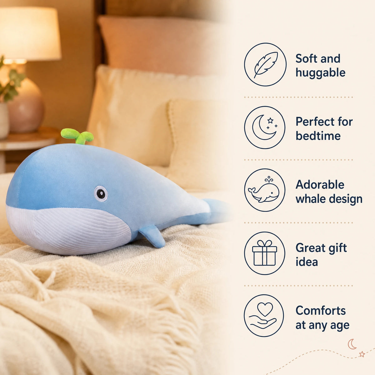 Whale Stuffed Animal with Bean Sprout Detail - Bénéfices produit