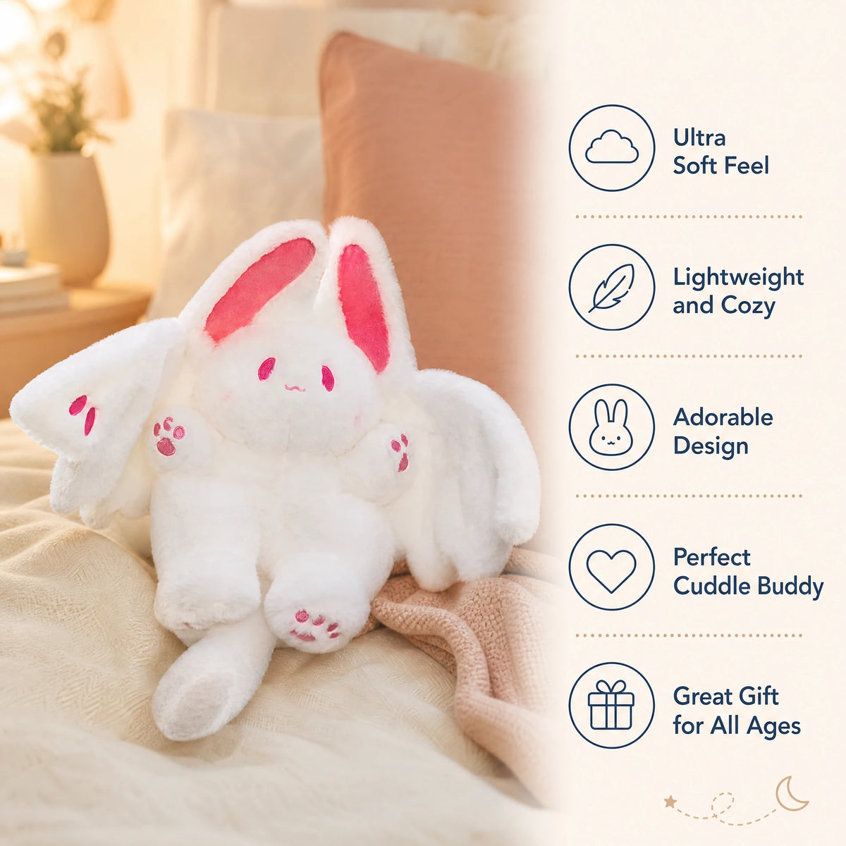 White Bat Plush with Pink Paw Details and Soft Wings - Bénéfices produit