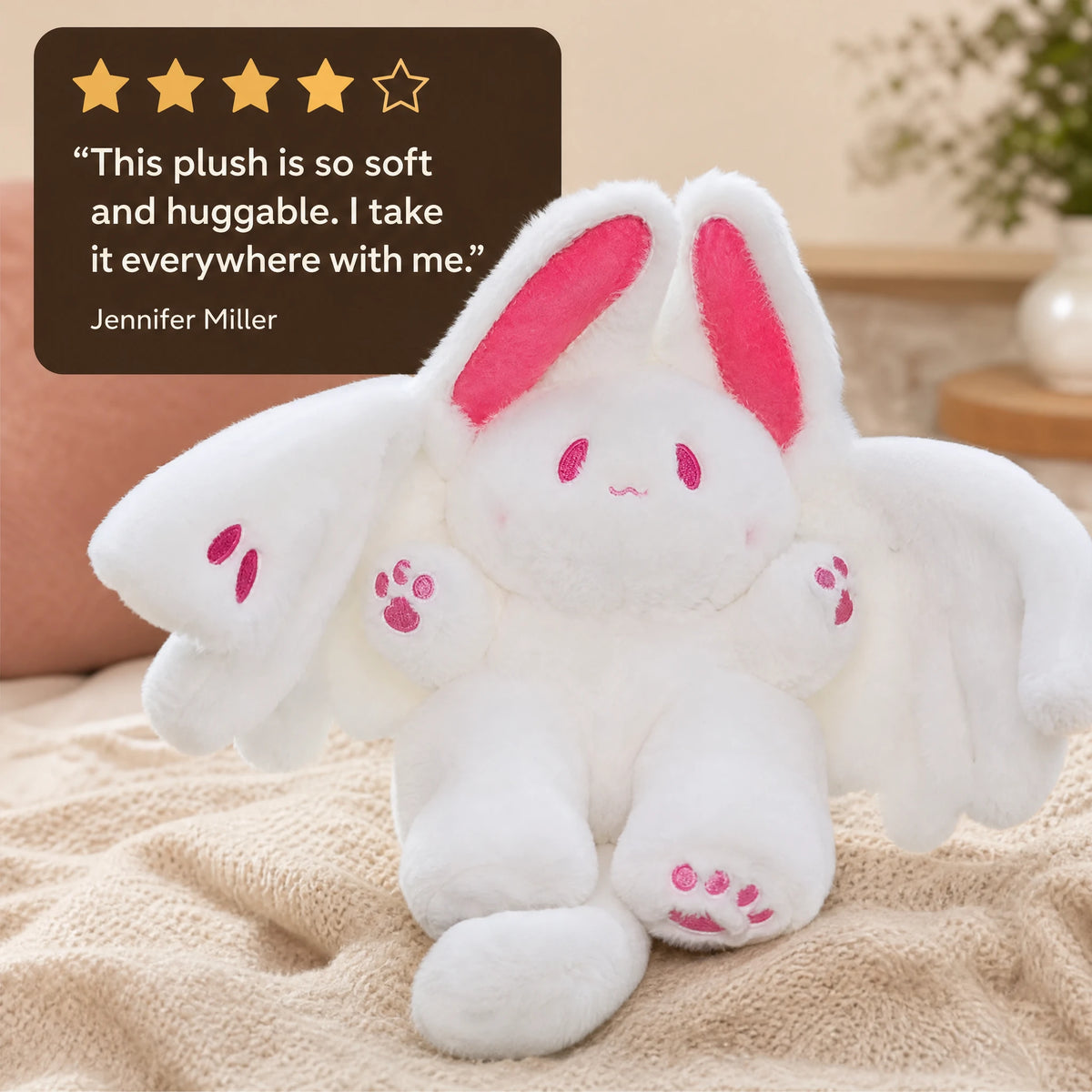 White Bat Plush with Pink Paw Details and Soft Wings - Image témoignage
