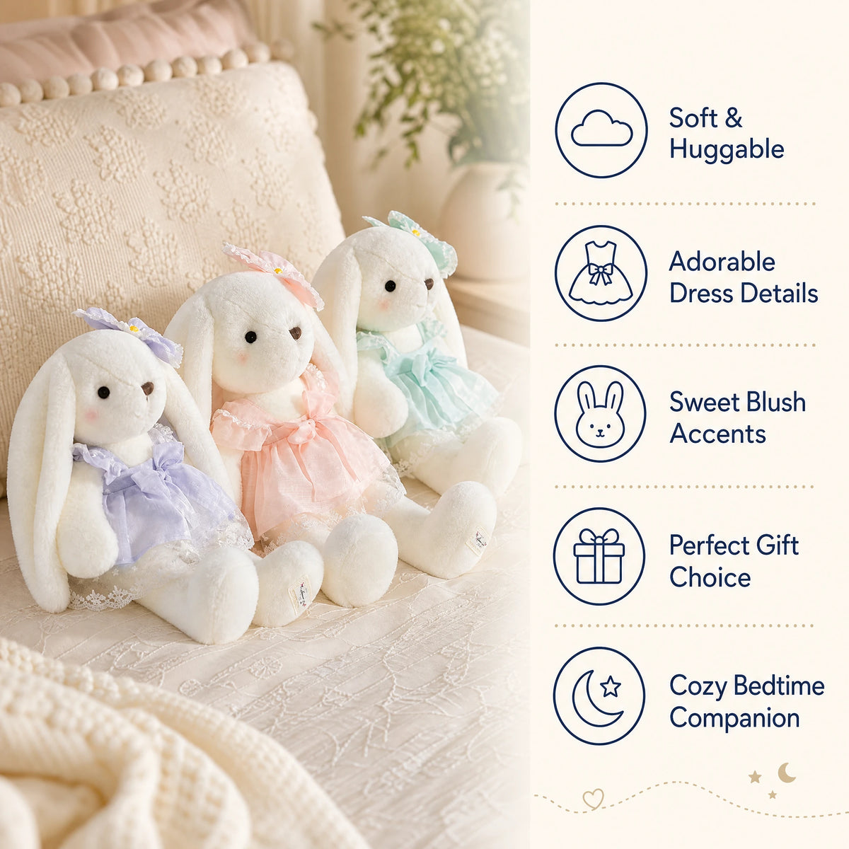 White Bunny Plush with Pastel Lace Dress and Floppy Ears - Bénéfices produit