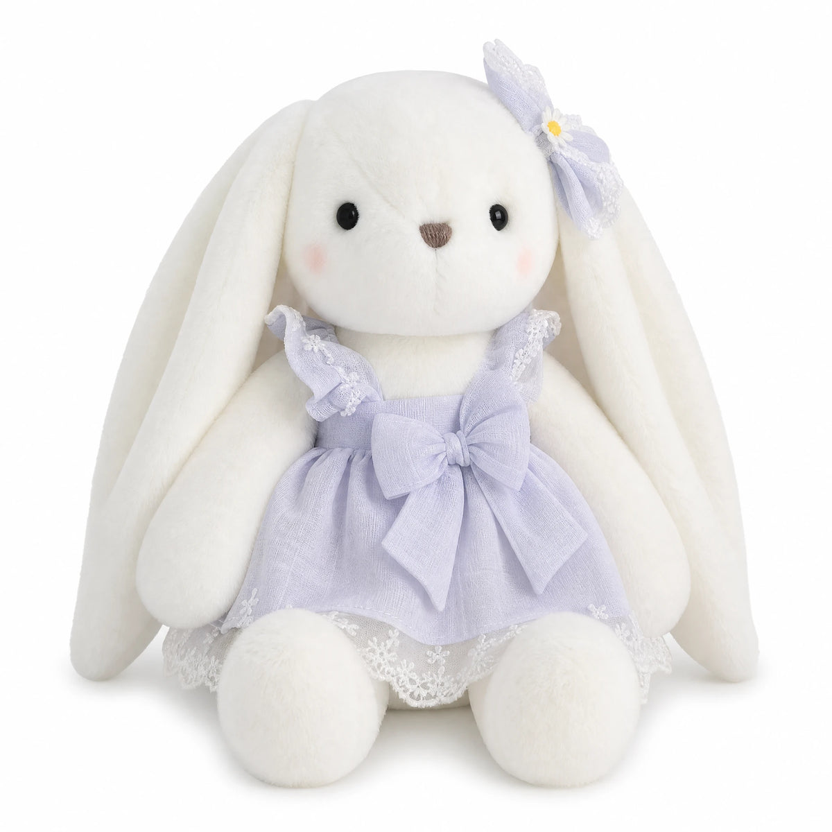 White Bunny Plush with Pastel Lace Dress and Floppy Ears - Fond blanc