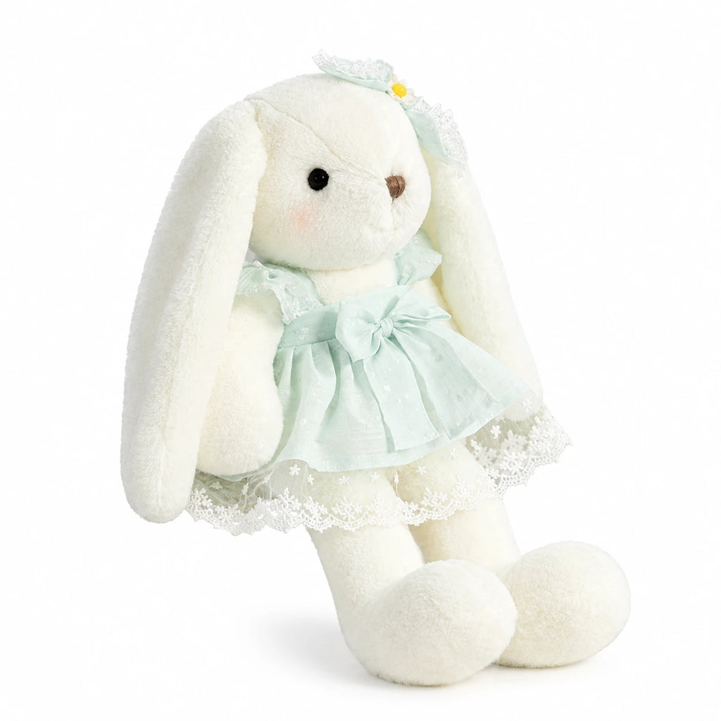 White Bunny Plush with Pastel Lace Dress and Floppy Ears - Green / 16in / 40cm · Green / 20in / 50cm
