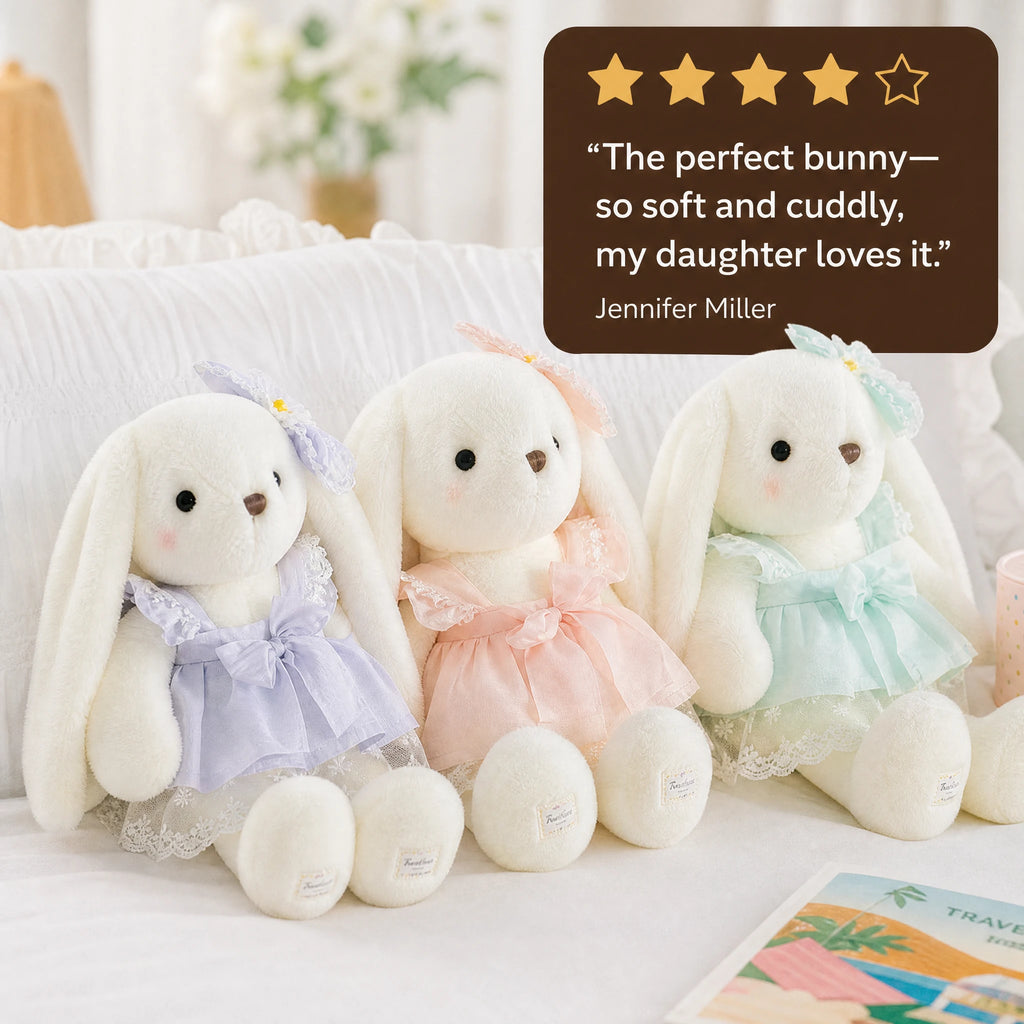 White Bunny Plush with Pastel Lace Dress and Floppy Ears - Image témoignage