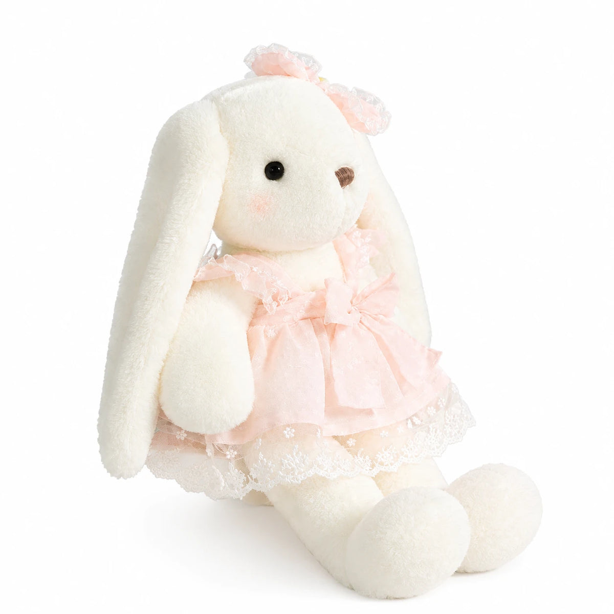 White Bunny Plush with Pastel Lace Dress and Floppy Ears - Pink / 16in / 40cm · Pink / 20in / 50cm