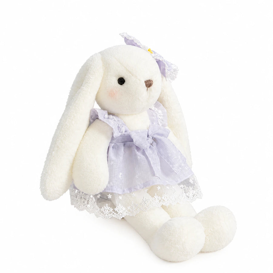 White Bunny Plush with Pastel Lace Dress and Floppy Ears - Purple / 16in / 40cm · Purple / 20in / 50cm