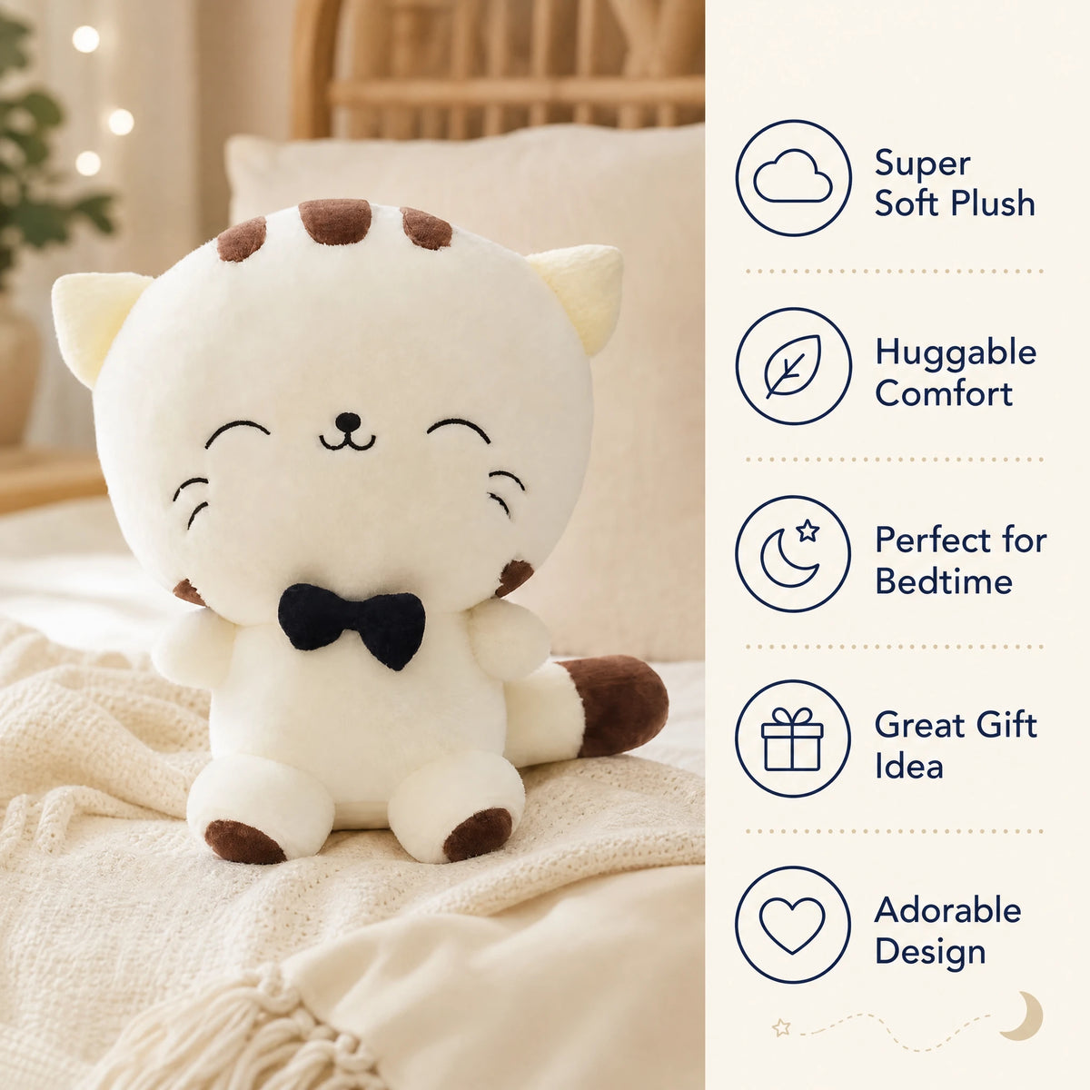 White Cat Plush with Bow Tie, Round Design - Bénéfices produit