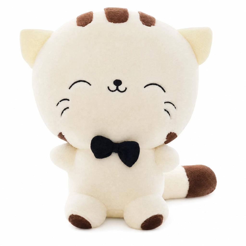 White Cat Plush with Bow Tie, Round Design - Fond blanc