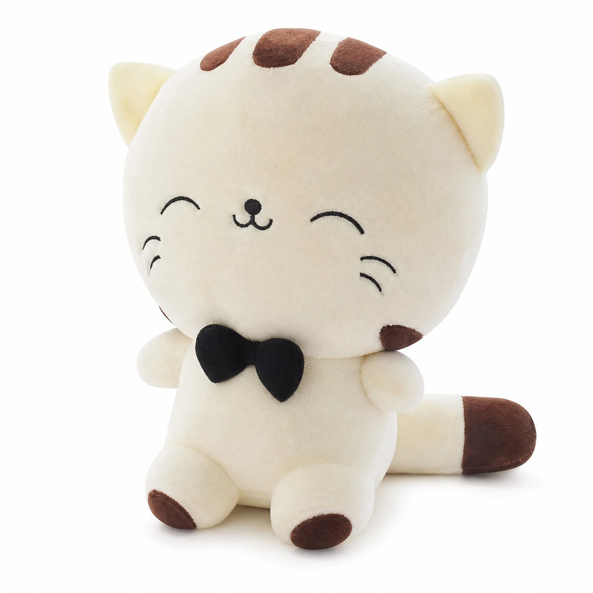 White Cat Plush with Bow Tie, Round Design - Fond blanc, autre angle