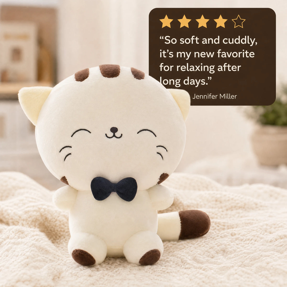 White Cat Plush with Bow Tie, Round Design - Image témoignage