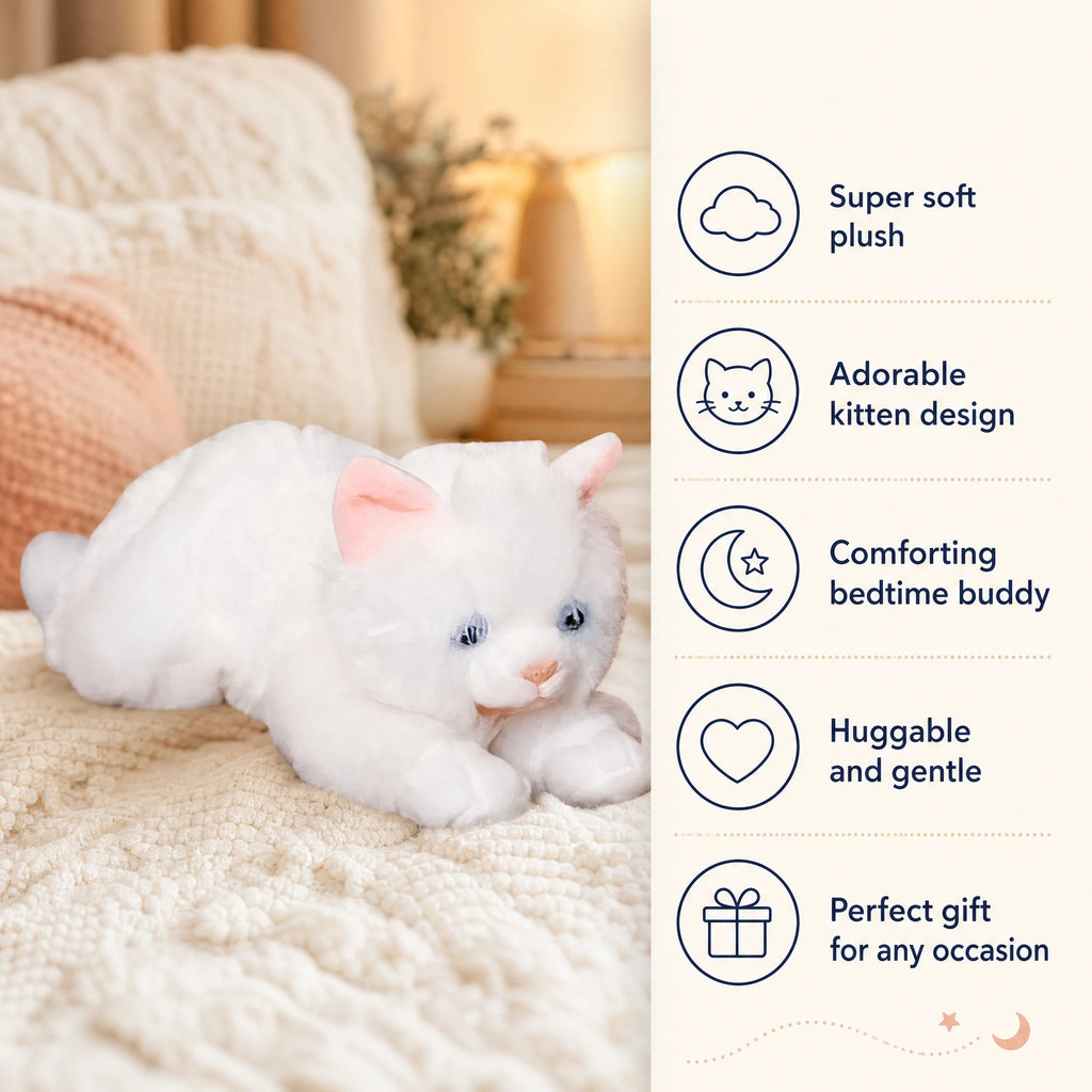 White Kitten Plush in Playful Lying Position - Bénéfices produit