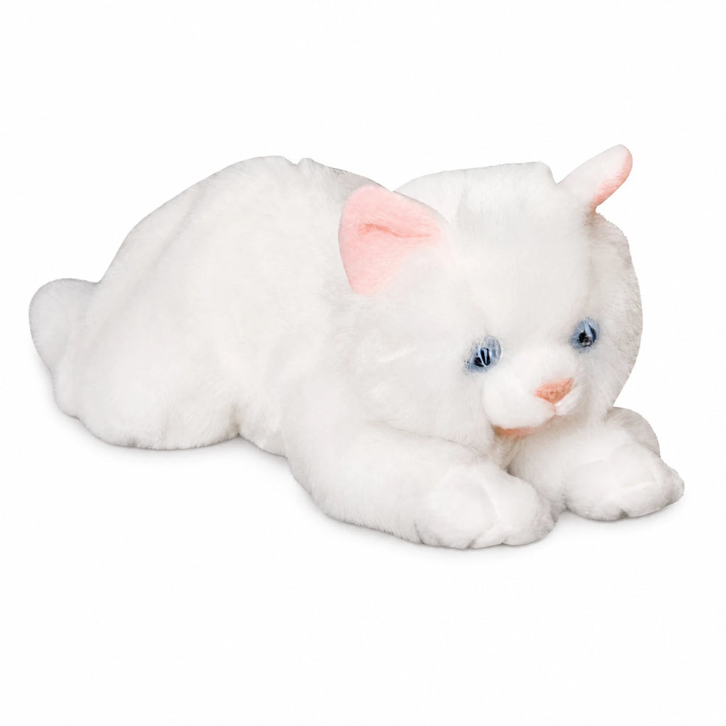 White Kitten Plush in Playful Lying Position - Fond blanc