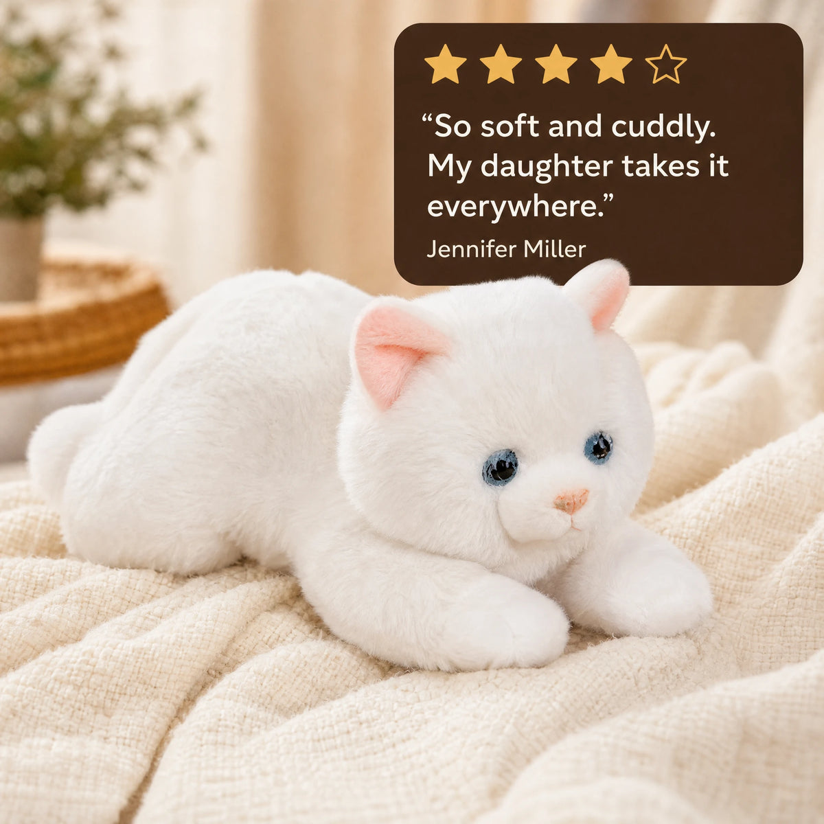 White Kitten Plush in Playful Lying Position - Image témoignage