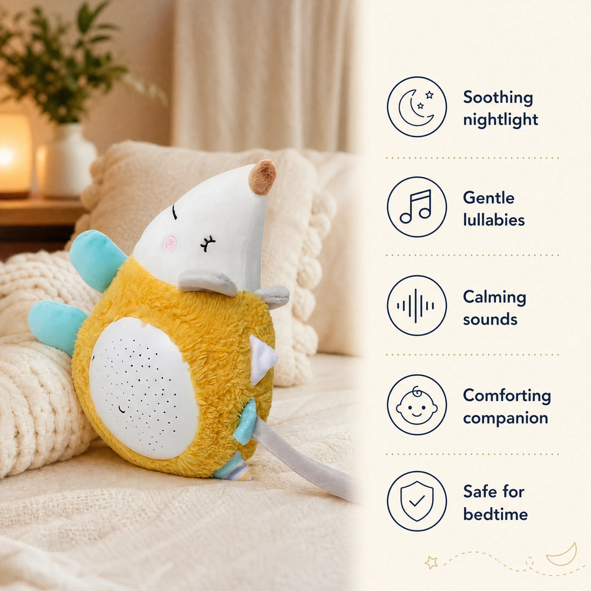 White Noise Hedgehog Plush with Soothing Sounds - Bénéfices produit