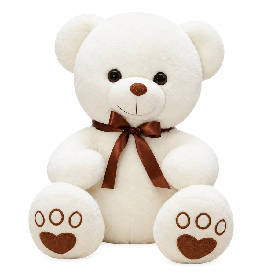 White Teddy Bear Plush with Brown Bow and Paw Prints - 14in / 35cm · 19.5in / 50cm · 23.5in / 60cm