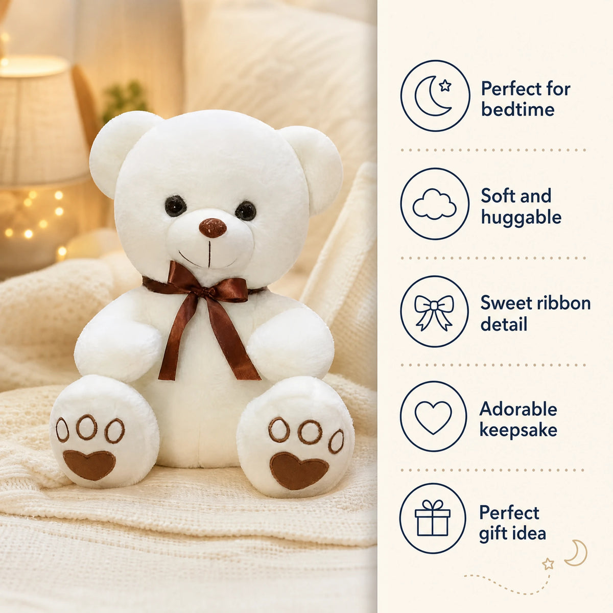 White Teddy Bear Plush with Brown Bow and Paw Prints - Bénéfices produit