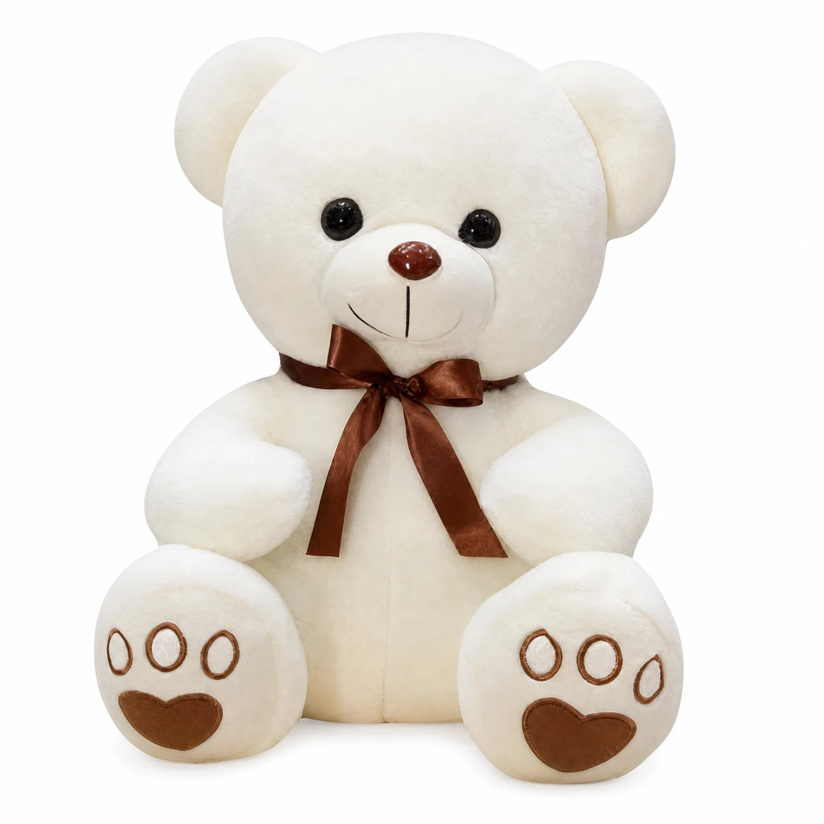 White Teddy Bear Plush with Brown Bow and Paw Prints - Fond blanc