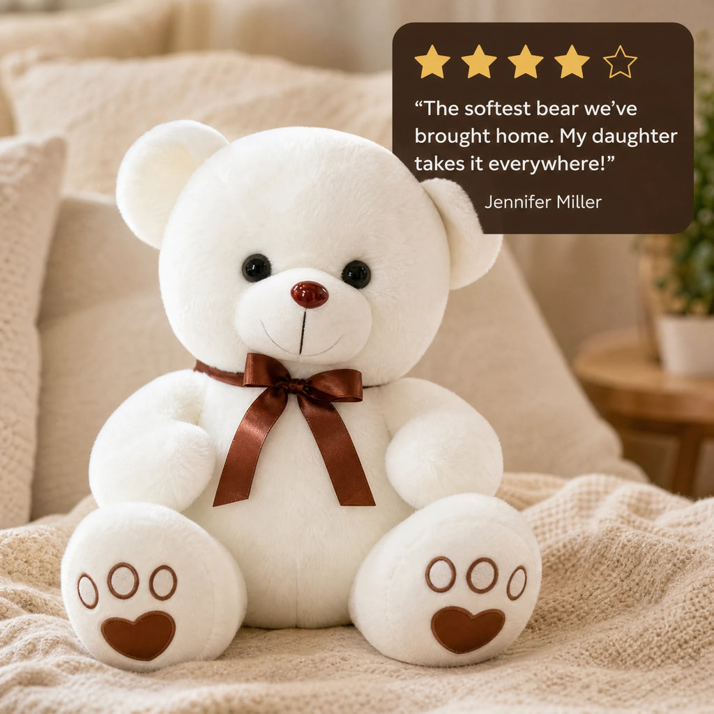 White Teddy Bear Plush with Brown Bow and Paw Prints - Image témoignage