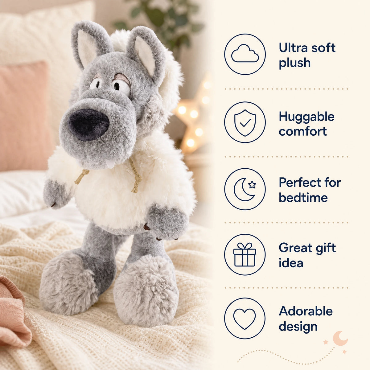 Wolf Plush in Sheep Costume with Soft Two-Tone Fur - Bénéfices produit