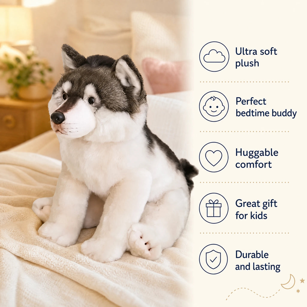 Wolf Plush – Sitting Husky with Gray and White Fur - Bénéfices produit
