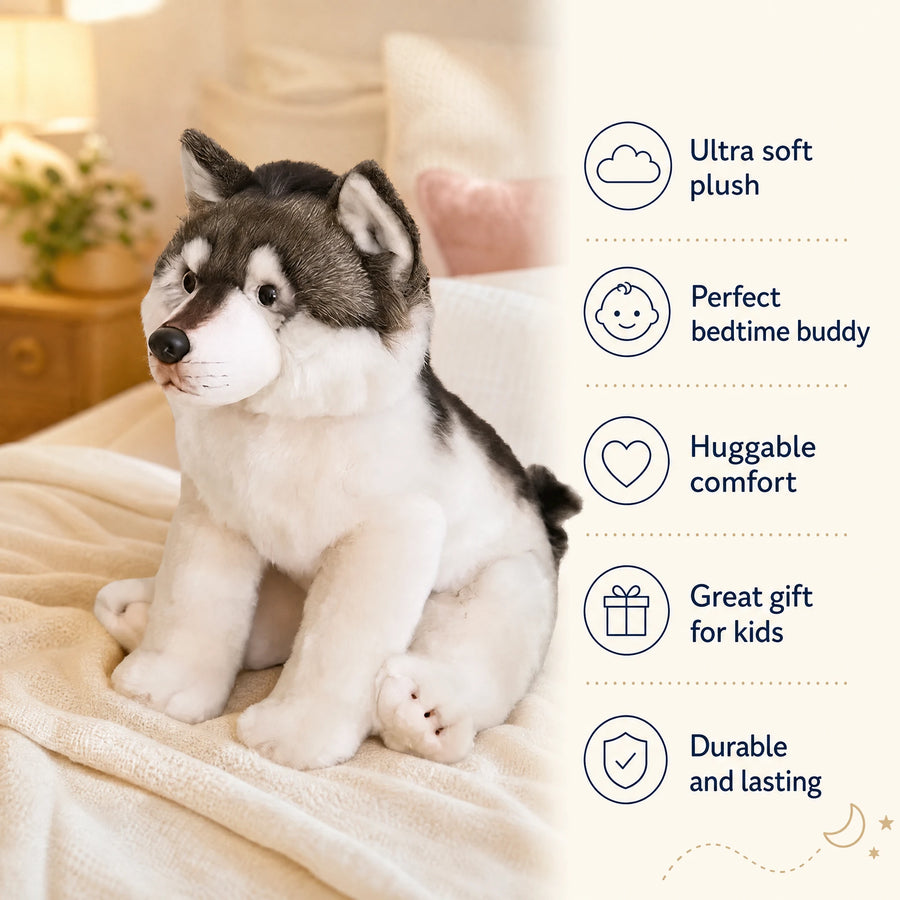 Wolf Plush – Sitting Husky with Gray and White Fur - Bénéfices produit