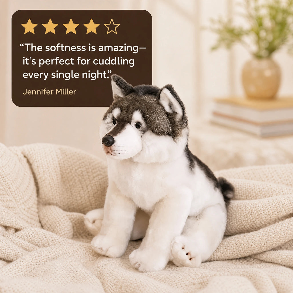 Wolf Plush – Sitting Husky with Gray and White Fur - Image témoignage