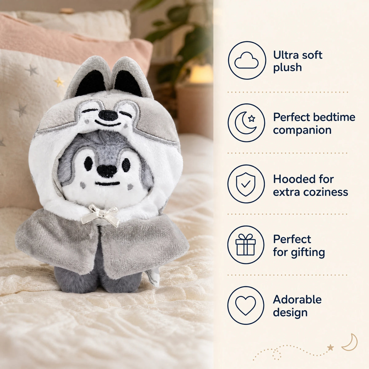 Wolf Plush with Removable Gray Hood and Soft Fabric - Bénéfices produit