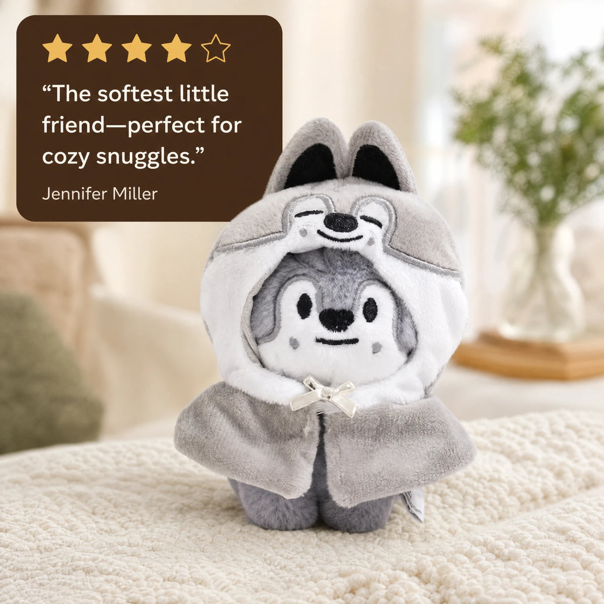 Wolf Plush with Removable Gray Hood and Soft Fabric - Image témoignage