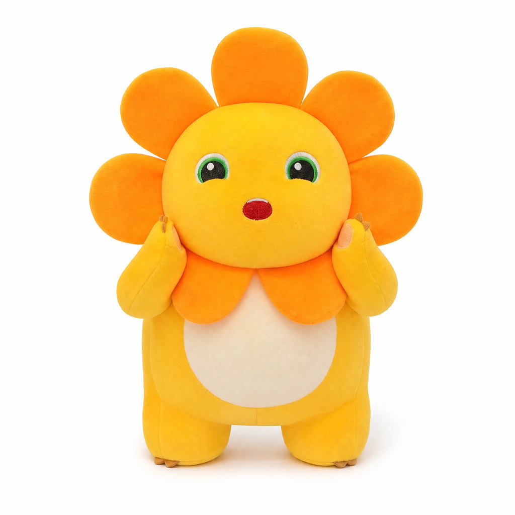 Yellow Dinosaur Plush with Smiling Face and Flower Crown - Fond blanc