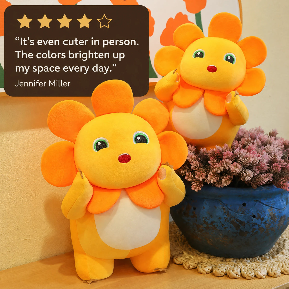 Yellow Dinosaur Plush with Smiling Face and Flower Crown - Image témoignage